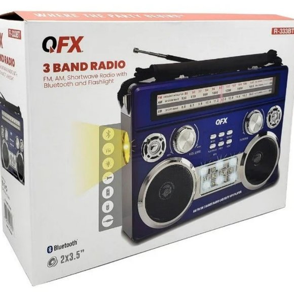 QFX Gray Portable Retro AM/FM/SW 3-Band Radio With Flashlight Bluetooth Boombox - Picture 3 of 3